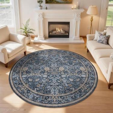 Imagem de Tapete redondo de 2,4 m para sala de estar: tapetes redondos grandes para sala de jantar, entrada e quarto - Tapete circular antiderrapante macio - floral vintage azul e bege
