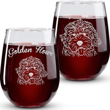 Imagem de On The Rox Drinks Presentes de cachorro para mulheres - Conjunto de 2 taças de vinho sem haste Golden Hour de 500 ml - Presentes Golden Doodle, acessórios para amantes de rabiscos dourados - Copos de