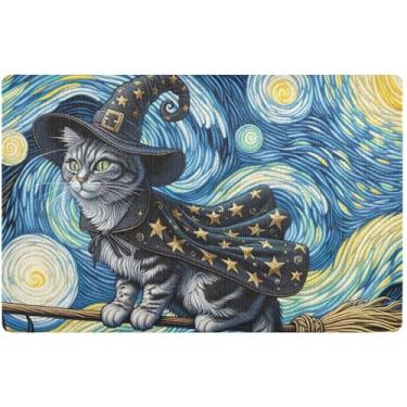 Imagem de TSENQUE Capacho personalizado de gato bruxa noite estrelada tapetes de entrada fofos tapete de boas-vindas interno absorvente tapetes de porta para entrada de casa 81 x 50 cm