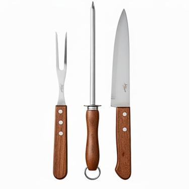 Imagem de Kit Churrasco Profissional 3 Peças(Faca, Garfo, Espeto de carne) com Cabo de Madeira Ergonômico e Lâminas Afiadas, Ideal para Churrasqueiros.