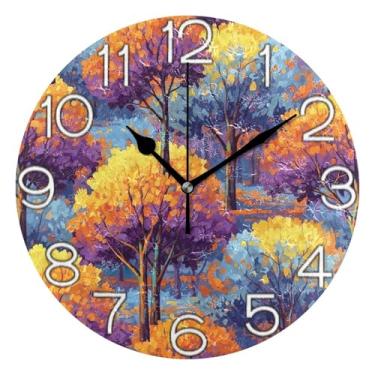 Imagem de GAIGEO Relógio de parede analógico decorativo moderno alimentado por bateria relógio de cozinha de escritório, decoração de parede de sala de estar moderna, estampa de árvores coloridas, 25 cm