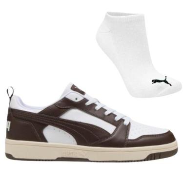 Imagem de Kit Tênis Puma Rebound V6 Low Original E Meia, 41, Branco, Marrom, Mas
