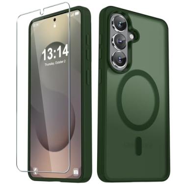 Imagem de Capa para Samsung Galaxy S26+ Plus, capa magnética fosca [atualizada em 2026] com 1 protetor de tela, suporte para MagSafe, proteção militar à prova de choque, parte traseira fosca translúcida, verde
