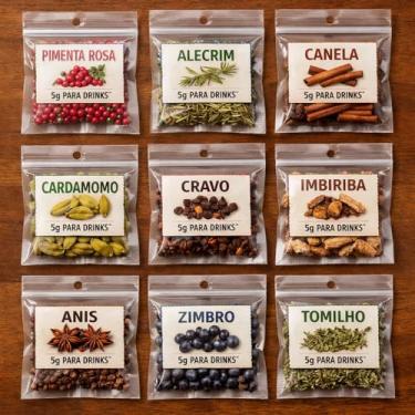 Imagem de Especiarias para Drinks, Kit com 9 Pacotes de 5g, Pimenta Rosa, Alecrim, Canela, Cardamomo, Cravo, Imbiriba, Anis, Zimbro, Tomilho