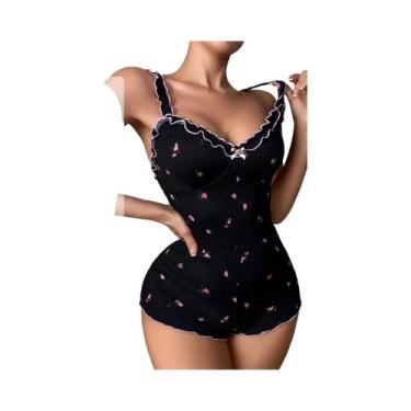 Imagem de Macacão de pijama feminino sem mangas, adequado para dormir e roupas c