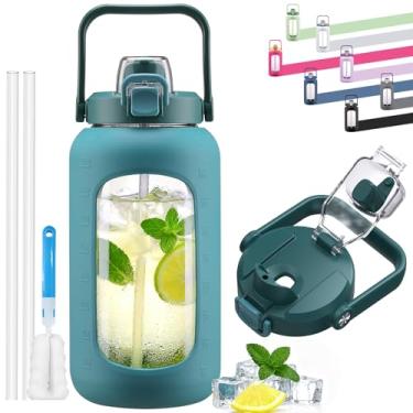 Imagem de Garrafa de água de vidro de 2041 g com canudo e tampa 2 em 1, garrafa de vidro motivacional grande com marcador de capacidade e manga de silicone, jarro de água de 2,1 litro para casa, esportes