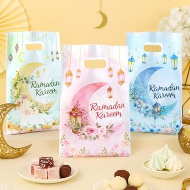 Imagem de 25 peças de sacos de presente Ramadan Kareem, estampa de flores de lua em aquarela, tema Eid, 4 cores, sacos de doces de plástico misturado com alça, bolsa de lanche para brindes de festa islâmicos