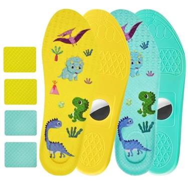 Imagem de 2 pares de palmilhas ocultas compatíveis com AirTag – Dispositivo de rastreamento de almofada macia antiderrapante cortável para crianças/estampa de desenho animado fofo (amarelo e azul, 10,5 criança
