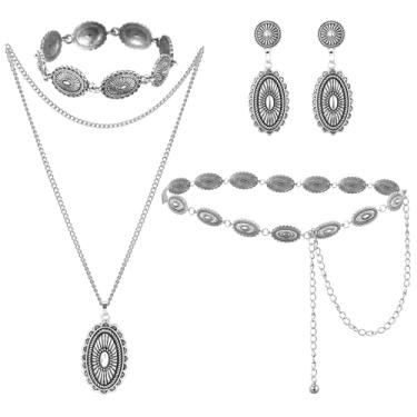 Imagem de Haysandy 4 peças de conjuntos de joias ocidentais turquesa para mulheres boêmio vintage concho colar clássico brincos pulseira cinto (Concho, 51,18 polegadas)