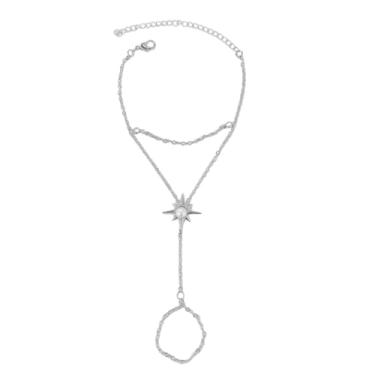 Imagem de Pulseira com pingente de strass de estrela delicada com anel de dedo para mulheres, moda, corrente de mão, fina, ajustável, não mancha, empilhável, presente de verão para ela, One Size, Cobre, Sem