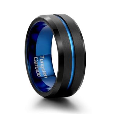 Imagem de Zillaly Aliança de casamento masculina de tungstênio - anel de tungstênio de 8 mm, ajuste confortável, ranhura central, elegante dourado azul preto, adequado para noivos, Carboneto de tungstênio, Sem