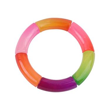 Imagem de Conjunto de pulseiras elásticas de tubo de bambu colorido de acrílico com 4 peças, punho curvado, elástico, ajustável, para mulheres, meninas, joias, 7 inch, Acrílico, acrílico