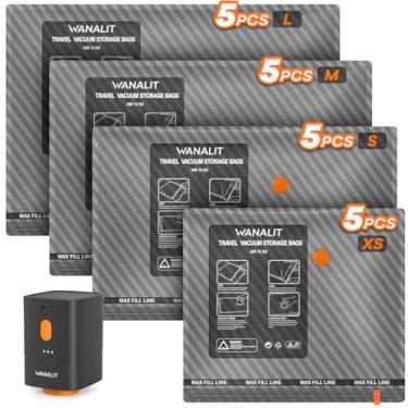 Imagem de Sacos de armazenamento a vácuo de viagem com bomba elétrica recarregável sem fio, pacote com 20 sacos de vedação a vácuo essenciais de viagem para roupas, bolsas de compressão economizadoras de espaço