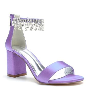 Imagem de Hyinlays Sandálias femininas de salto bloco de cetim grosso tira no tornozelo cristal para vestido de casamento sapatos de salto alto para noivas para festa de formatura, Lavanda, 35