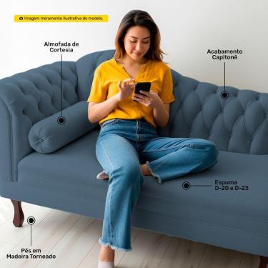 Imagem de Divã Recamier Chaise Longue Lavínia 150cm Capitonê Pés De Madeira Linho Azul - Desk Design