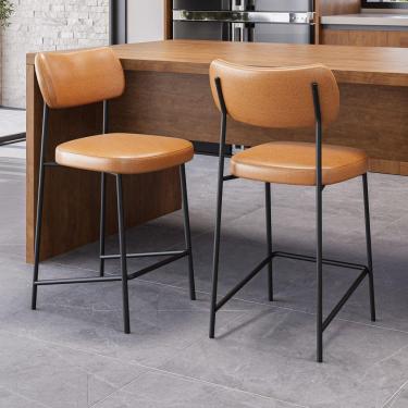 Imagem de Kit 02 Banquetas Médias Para Cozinha Lila Estofada Com Encosto Couríssimo Whisky - Desk Design