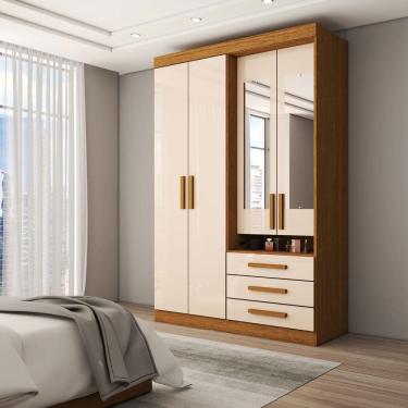 Imagem de Guarda-Roupa Solteiro Real 4 Portas 3 Gavetas com Espelho 100% Mdf Cinamomo/Off White - Panorama Móveis