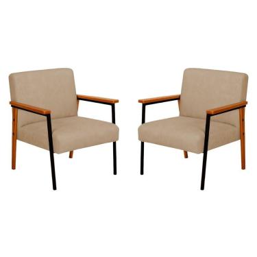Imagem de Kit 2 Poltronas Fontana Couro Bege Base Em Madeira Com Metal Preto