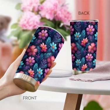 Imagem de Copo de viagem Oasisdream 600ml com estampa floral de aço inoxidável