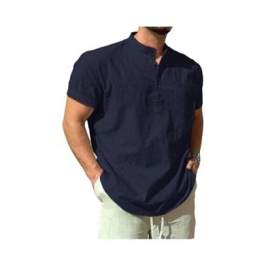 Imagem de Camiseta Masculina Leve De Algodão E Linho Com Gola Henley, Casual De 