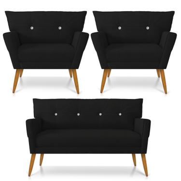 Imagem de Kit 01 Namoradeira 02 Lugares e 02 Poltronas Anitta com Strass Linho Preto A79 Pés Palito Castanho - D?Rossi