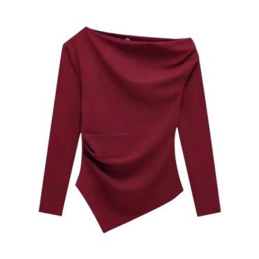 Imagem de Camiseta Feminina De Verão Com Um Ombro E Manga Longa Assimétrica, Top