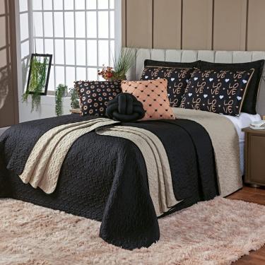 Imagem de Kit Cobre Leito Colcha Casal Padrão Golden Love Preto/caqui Dupla Face Com Almofadas Es...