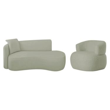 Imagem de Kit Divã Recamier 180cm E Poltrona Luxo Suíça Lado Direito Bouclé Verde Oliva