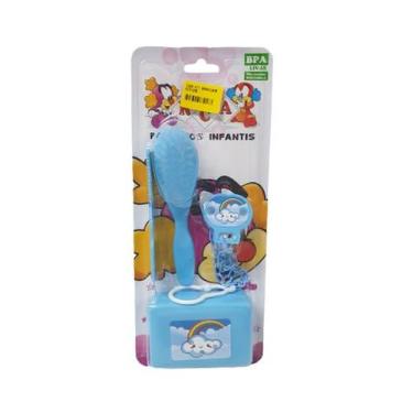 Imagem de Kit banho escova saboneteira pente e prendedor de chupeta rca, AZUL