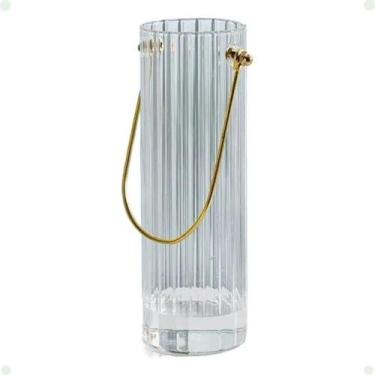 Imagem de Vaso Decorativo de Vidro Estriado com Alça Dourada 600ML Cilíndrico Tr