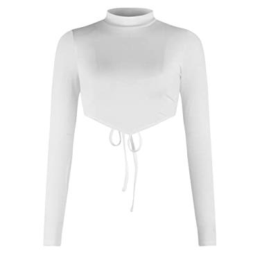 Imagem de Camiseta feminina curta sexy sem ombro meia gola alta manga longa (Color : White, Size : L)