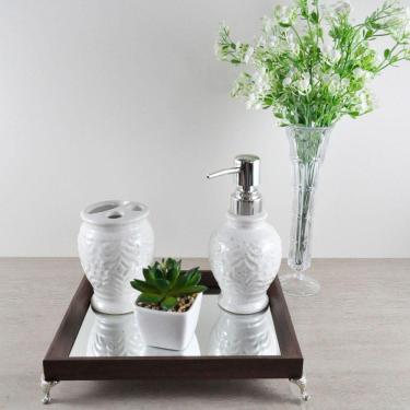 Imagem de Bandeja Espelhada Lavabo Banheiro "P" madeira cor MARROM 17x22x4cm pés de metal prateado/cromado