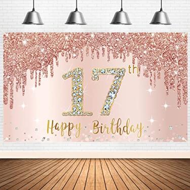 Imagem de Banner de fundo Happy 17th Birthday Decorações para meninas, ouro rosa 17 artigos para festa de aniversário, pôster de aniversário de dezessete anos de 17 anos, decoração de cabine de fotos