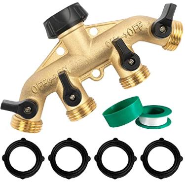 Imagem de Hourleey Divisor de mangueira de jardim resistente de 4 vias de latão, divisor de mangueira de água para conector de mangueira de 1,9 cm, adaptador de torneira de mangueira, 4 válvulas com 4 arruelas e fita de borracha