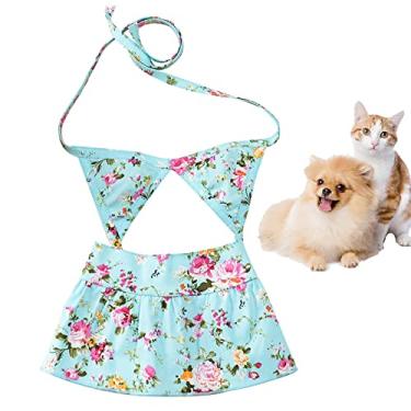 Imagem de Traje de banho havaiano para cachorro verão praia biquíni vestido floral para festa foto filhote de cachorro algodão macio respirável sutiã saia 2 peças, azul, 16/GG