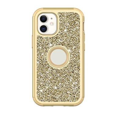 Imagem de DENSUL Capa de glitter para iPhone 14/14 Pro/14 Plus/14 Pro Max, capa brilhante cintilante, híbrida de 3 camadas, capa protetora antideslizante suporta carregamento sem fio, dourada, 14 6,1 polegadas