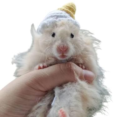 Imagem de Chapéu de hamster mini animais pequenos com alça ajustável adoráveis chapéus pequenos tricotados à mão para lagarto, porquinho-da-índia réptil roupas de festa de Natal acessórios de fantasia (pequeno, cone)
