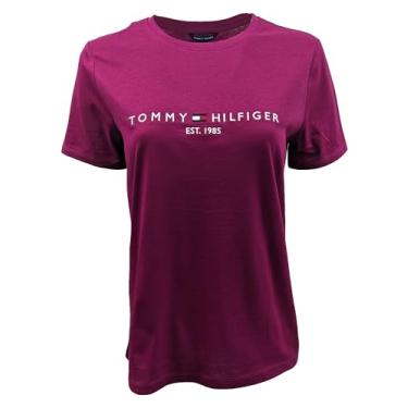 Imagem de Tommy Hilfiger Camiseta feminina de algodão de desempenho – Camisetas estampadas leves, Magenta (Est. 1985), M