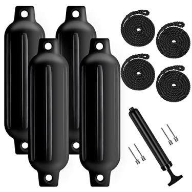 Imagem de Turmaster Para-lamas de barco, pacote com 4 unidades, 11,5 x 40,6 cm, com nervuras de dois olhos, para-choques de barco para ancoragem, para-choque inflável para barco com 4 cordas, 4 agulhas e 1