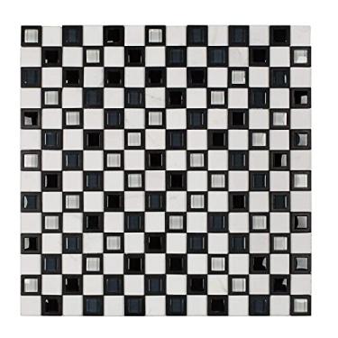 Imagem de Pastilha Mesclada de Mármore, Vidro e Resina 32cm x 32cm Volpi Glass Mosaic (placas) Branco/preto