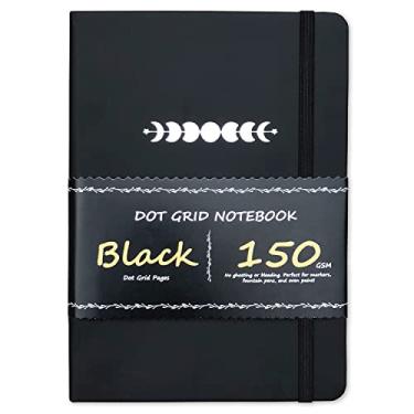 Imagem de BUKE Diário pontilhado - Caderno de grade de pontos - 150 g/m² papel preto sem vazamento - 160 páginas pretas - para mulheres e homens - Capa dura de couro PU A5 14,6 cm x 21,6 cm e caixa de presente