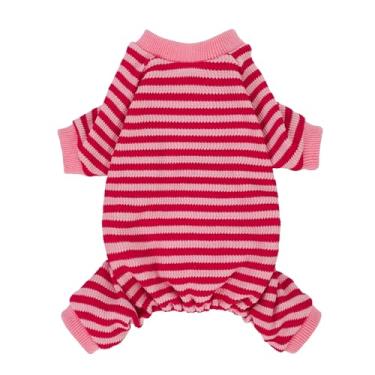 Imagem de Fitwarm Pijama listrado rosa e vermelho, roupas de cachorro waffle para cães pequenos menina menino, macacão de filhote com pés, roupa de gato para animais de estimação, XGG