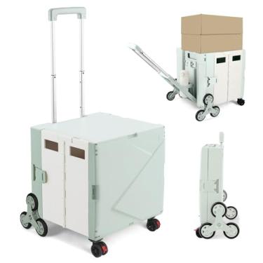 Imagem de Carrinho utilitário dobrável de 76 L, caixa de ferramentas dobrável para compras, com rodas de escalada de escadas, tampa oculta, 2 rodas giratórias, para compras, escritório, armazenamento (verde