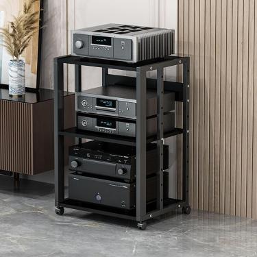 Imagem de Suporte de mídia AV móvel de 3/4/5 camadas Prateleira de canto Suporte para CD Player Gabinete de armazenamento de componentes estéreo Torre de rack de áudio com prateleiras de madeira ajust