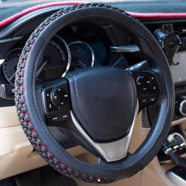 Imagem de Capa de volante de carro de seda gelo de verão, couro preto com design trançado, excelente aderência, respirável, antiderrapante e livre de odores; quente no inverno e fresca no verão, universal 38 cm