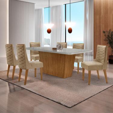 Imagem de Mesa para Sala de Jantar Aida 180cm MDF Canto Copo com Vidro e 6 Cadeiras Safira - Vel. Capuccino Off White Imbuia