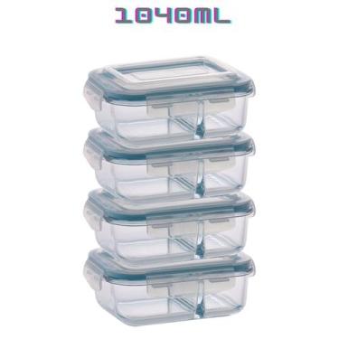 Imagem de Kit 4 Potes de Vidro com Divisória Marmita 4 Travas 1040ml - QUALITY-H