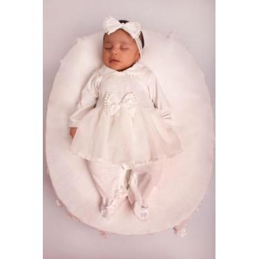 Imagem de Saída Maternidade Menina Pérola 03 peças Com Voal Roupas de Bebê Batiz