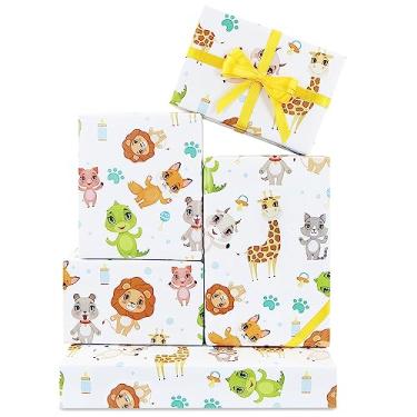 Imagem de Papel de embrulho de animais selvagens para bebês, meninos, meninas, floresta, girafa, leão, dinossauro, porco, raposa, comedouro de presente, folha de papel de embrulho com fita para chá de bebê,