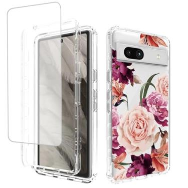 Imagem de Yerebel Capa para Pixel 7A, Google 7A G0DZQ com protetor de tela de vidro temperado, design floral à prova de choque, capa protetora de corpo inteiro para celular para Google Pixel 7A flor roxa
